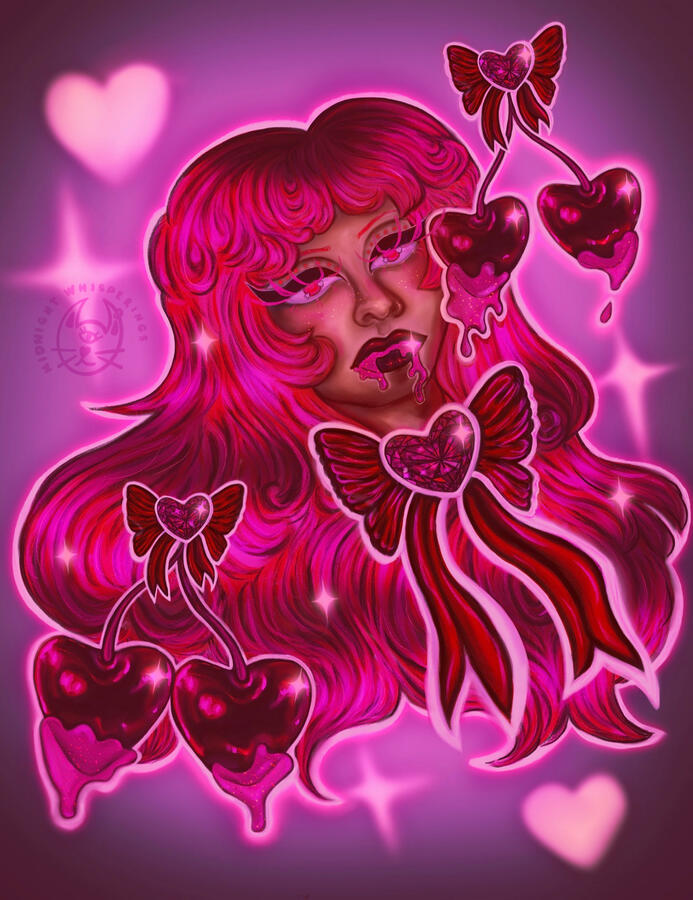 Pink and purple digital painting inspired by 90s aesthetic featuring a feminine subject with long pink hair. Cherry, hearts and glitter accents.