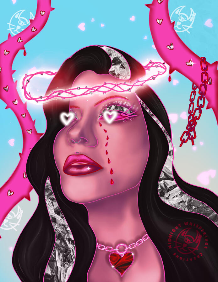 Digital drawing of a feminine creature with white glowing heart eyes, glitter and sparkles, a pink thorn crown, red heart chain choker and pink vines in front of a blue dreamy background. metallic photos are collaged into the piece.